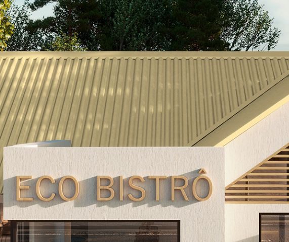 Fachada de um pequeno restaurante com cobertura ondulada em tom claro e letreiro em relevo.
